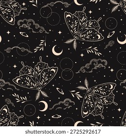 Dunkles und mystisches, nahtloses Vektormuster mit Motten auf schwarzem Hintergrund. Perfekt für Textil-, Tapeten- oder Printdesign.