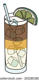 Dark n Stormy long cocktail in highball glass. Garnished with a slice of lime. Stylish hand-drawn doodle cartoon hipster style vector illustration good for bar menu, poster, card, cook book recipe.