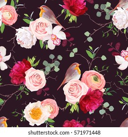 Dark natural vector seamless pattern with robin birds and bouquets of peachy roses, white and burgundy red peony, orchid, eucalyptus, green plants mix and ranunculus in japanese style.