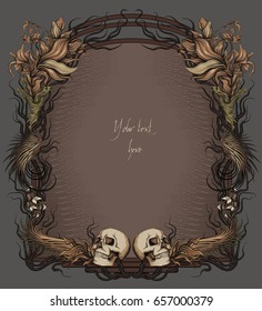 dark nature border with feathers and wings and skulls