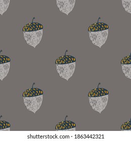 Dark nature seamless doodle pattern with hand drawn acorn shapes. Grey palette. Flat vector print for textile, fabric, giftwrap, wallpapers. Endless illustration.