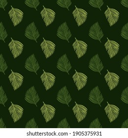 Dark nature tropic seamless pattern with doodle green leaves silhouettes. Dark background. Nature print. Vector illustration for seasonal textile prints, fabric, banners, backdrops and wallpapers.