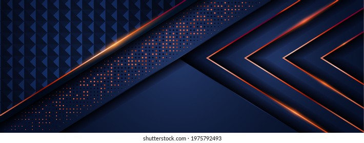 Dark Navy Background with Abstract Geometric Golden Lines and Overlap Textured Layer Combination.