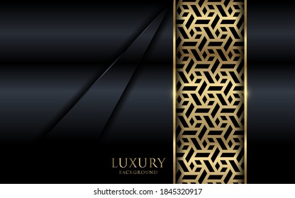 Dark navy background with geometric ornament and golden lines element.
