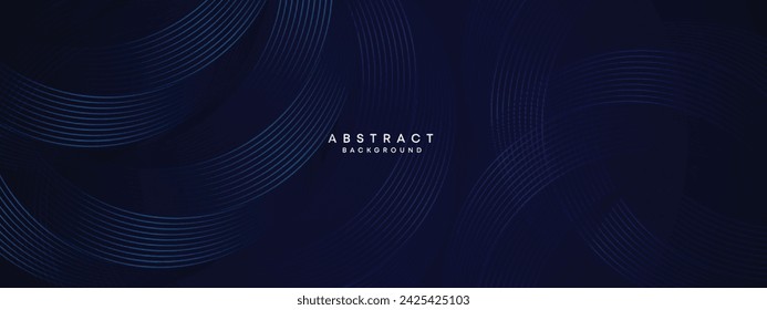 Fondo de tecnología de líneas de círculos ondulantes abstractos azul marino oscuro. Gradiente azul moderno con líneas brillantes Forma geométrica brillante diagonal. para folleto, cubierta, póster, banner, sitio web, encabezado, folleto