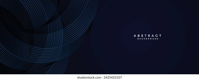 Dark Navy Blue Abstract Waving Circles Lines Technology Background. Modern Blue Gradient with Glowing Lines Shiny Geometric Shape Diagonal. for Brochure, Cover, Poster, Banner, Website, Header, flyer