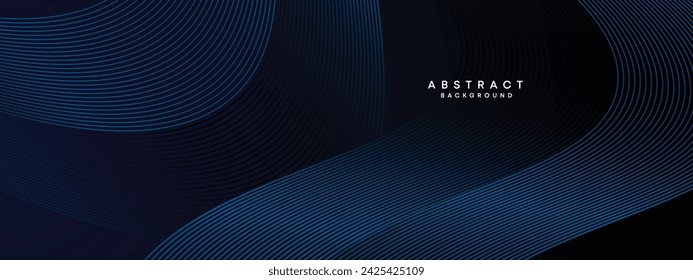Dark Navy Blue Abstract Waving Circles Lines Technology Background. Modern Blue Gradient with Glowing Lines Shiny Geometric Shape Diagonal. for Brochure, Cover, Poster, Banner, Website, Header, flyer