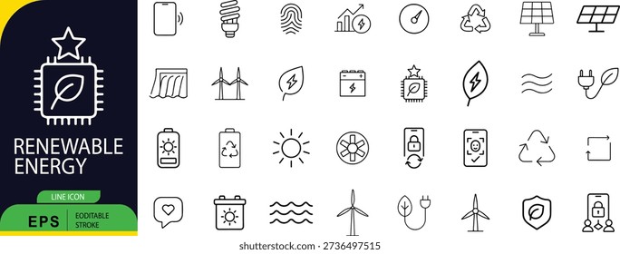 A dark navy blue background features the words 'renewable energy' in white, bold letters. Green and yellow shapes are present, alongside the letters 'eps' and 'line'. high-quality professional detailed modern elegant stylish clean crisp vibrant colorful digital creative innovative contemporary