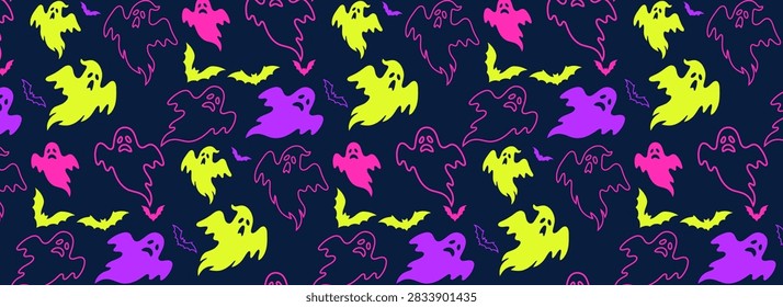 dark navy blue background features a vibrant, playful Halloween pattern composed of neon yellow, pink, and purple ghastly ghosts and flying bats