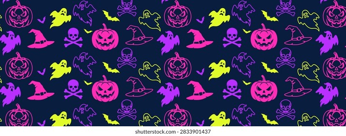 dark navy blue background features a vibrant, playful Halloween pattern composed of neon yellow, pink, and purple ghastly ghosts and flying bats