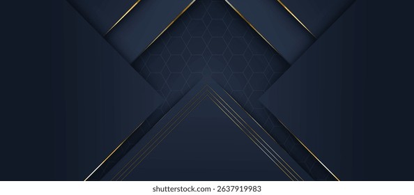 Dark Navy Blue Background with Interlocking Triangles and Quadrangles, Gold Line Accents at Intersections, and Subtle Dotted Patterns for Depth, Contrast, and a Sophisticated Modern Composition