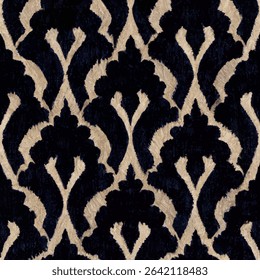 Dark navy blue and beige velvet fabric with symmetrical shapes, grunge lines ikat pattern, ikat seamless pattern, Vector illustration background for print the paper.