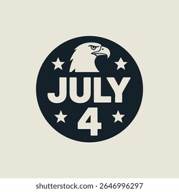 A dark navy blue circle features a stylized off-white bald eagle head profile at the top. Below the eagle, the words JULY 4 are displayed in a bold, sans-serif off-white font