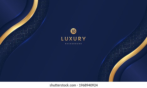 Dark navy blue and gold curve wavy shapes on background with glowing golden striped lines and glitter. Luxury and elegant. Abstract template design. Design for presentation, banner, cover. EPS10 vector