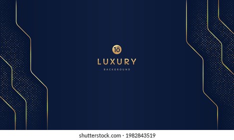 Dark navy blue and gold geometric shapes on background with glowing golden striped lines and glitter. Luxury and elegant. Abstract template design. Design for presentation, banner, cover. EPS10 vector