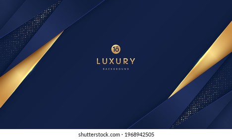 Dark Navy Blue And Gold Triangle Shapes Overlapped On Background With Glow Golden Striped Lines And Glitter. Luxury And Elegant. Abstract Template Vector Design. Design For Presentation, Banner, Cover.