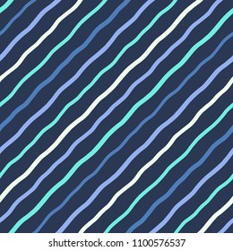 Dark navy blue, green diagonal wavy stripes, waves seamless repeat modern background, pattern. Oblique hand drawn undulating lines, inclined, tilted streaks, strips, bars colorful texture.