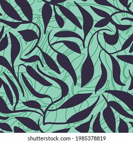 dark navy blue leaves vector pattern on mint green