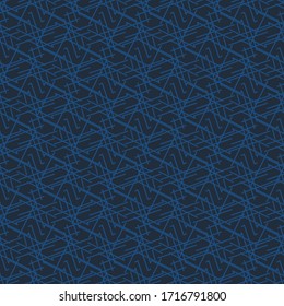 Dark navy blue linear shapes abstract geometric seamless vector pattern. Unisex texture surface print design.  