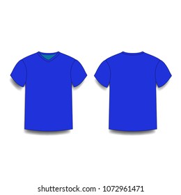 Dark navy blue, men's t-shirt template v-neck front and back side views. Vector of male t-shirt wearing illustration isolated on white background.