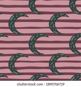 Lunas azul marino oscuro patrón de doodle impecable. Fondo rayado rosa y lila. Escándalo de fondo infantil. Ideal para el diseño de tela, impresión textil, envoltura, cubierta. Ilustración vectorial.