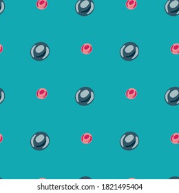 Dark navy blue and red colored pearls seamless pattern. Geometric abstract ornament on blue background. Bubbles print. Decorative backdrop for wallpaper, textile, wrapping, fabric. Vector illustration