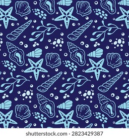 Dark navy blue seamless pattern vector illustration with light blue line art seashells and starfish