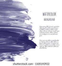Dark navy blue vector watercolor hand painted texture background isolated on white. Abstract acrylic dry brush splash, strokes, stains, spots, blot, scribble, smudge. Violet charcoal grunge drawing.