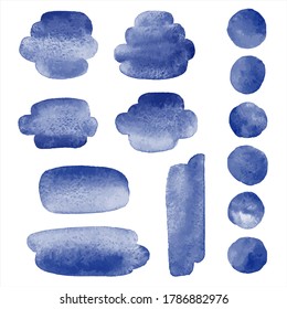 Dark Navy Blue Watercolor Cute Graphic Design Elements Set. Brush Strokes, Smudges, Smears, Oval Rounded Watercolour Shapes, Circles, Paint Spots, Round Water Stains. Sea, Marine Background.