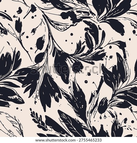 Dark navy brushstrokes, beige background, expressive abstract floral pattern