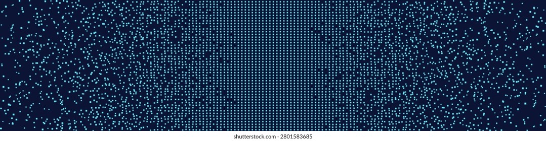 Dark navy dot matrix background with cyan teal pixel gradient.