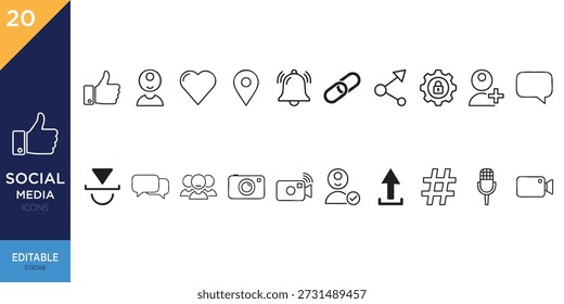 A dark navy and light blue graphic displaying the words social media icons editable stroke in white text