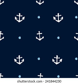 Dark navy seamless anchor background. Hand drawn vector texture.