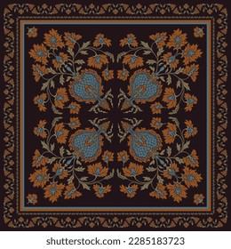 Dark neck scarf with a stylized flowers and frame. Vector design for a neckerchief, carpet, kerchief, bandana, shawl, carpet. Traditional ethnic pattern.