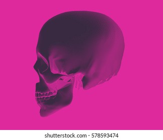 Dark negative engraving skull illustration side view on powerful pink background
