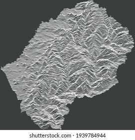 Dark negative topographic map of the Kingdom of Lesotho with white contour lines on dark gray background