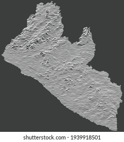 Dark negative topographic map of the Republic of Liberia with white contour lines on dark gray background