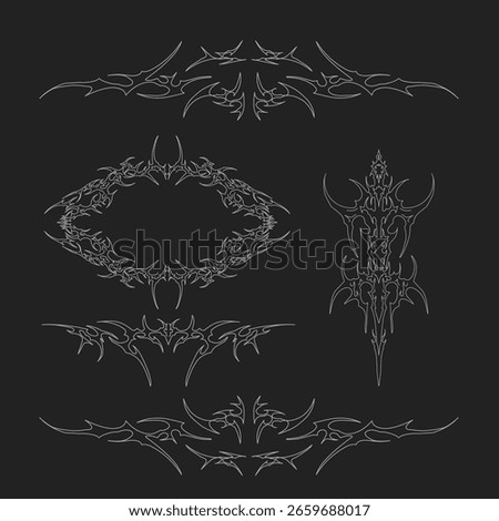 Dark neo tribal ornament vector set in gothic style. Ideal for tattoo design, medieval decorative frames, and metal inspired artwork