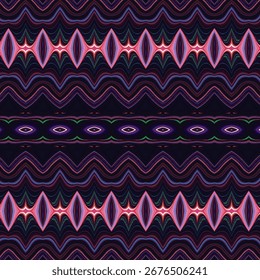 Dark neon abstract pattern with glowing symmetrical lines, ideal for technology, science, and modern digital backgrounds.
