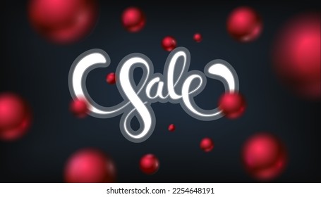 dark neon background with flying red metallic balls and sale text. Vector modern illustration 2023 style