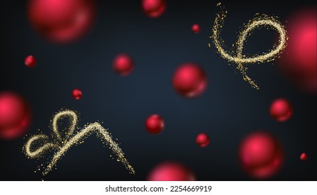 fondo de neón oscuro con bolas metálicas rojas voladoras y regalo dorado. Ilustración vectorial moderna estilo 2023