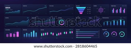 Dark neon business analytics dashboard widgets UI UX kit featuring sales funnel, financial growth charts, candlestick market trends, and progress ring data graphics. Vector analytics UI elements