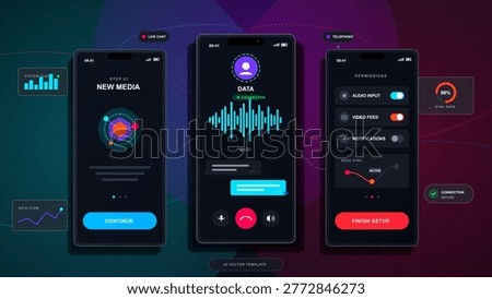 Dark neon communication app interface with three mobile screens, live chat waveform, media onboarding, permissions toggles and data widgets