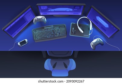 Dark neon gamer workspace vector isometric illustration. Top view digital game room with computer monitor, keyboard, mouse, headset with mic, joystick, video console, gamepad on desk and armchair