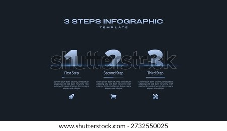Dark Neon Gradient Tech Infographic Design Template with 3 Step Horizontal Process Diagram, Icon and Number Data Visualization for Workflow, Presentation, Banner, and Flowchart Layout