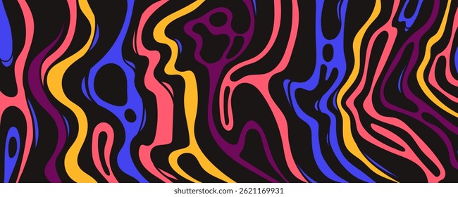 Dark Neon Swirl Background with Colorful Fluid Waves. Vibrant wavy psychedelic lines. Abstract colorful flow. Liquid glitch effect. Futuristic night design.