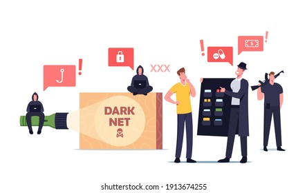 Dark Net Concept. Male Character User Choose Forbidden Content At Criminal In Black Cloak And Hat. Hacker, Cyber Crime Darknet Service, Virtual Online Technologies. Cartoon People Vector Illustration