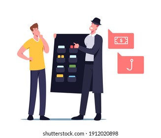 Dark Net, Cyber Crime Darknet Service, Virtual Technologies Concept. Male Character User Choose Forbidden Content At Criminal Or Drug Dealer In Black Cloak And Hat. Cartoon People Vector Illustration