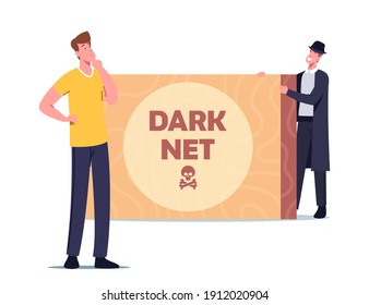 Dark Net Cyberspace Activity Concept. Criminal In Black Cloak And Hat Offer Forbidden Content To User Male Character, Cyber Crime Darknet Service, Technologies. Cartoon People Vector Illustration