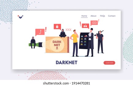 Dark Net Landing Page Template. Male Character User Choose Forbidden Content At Criminal In Black Cloak And Hat. Hacker, Cyber Crime Darknet Virtual Service. Cartoon People Vector Illustration